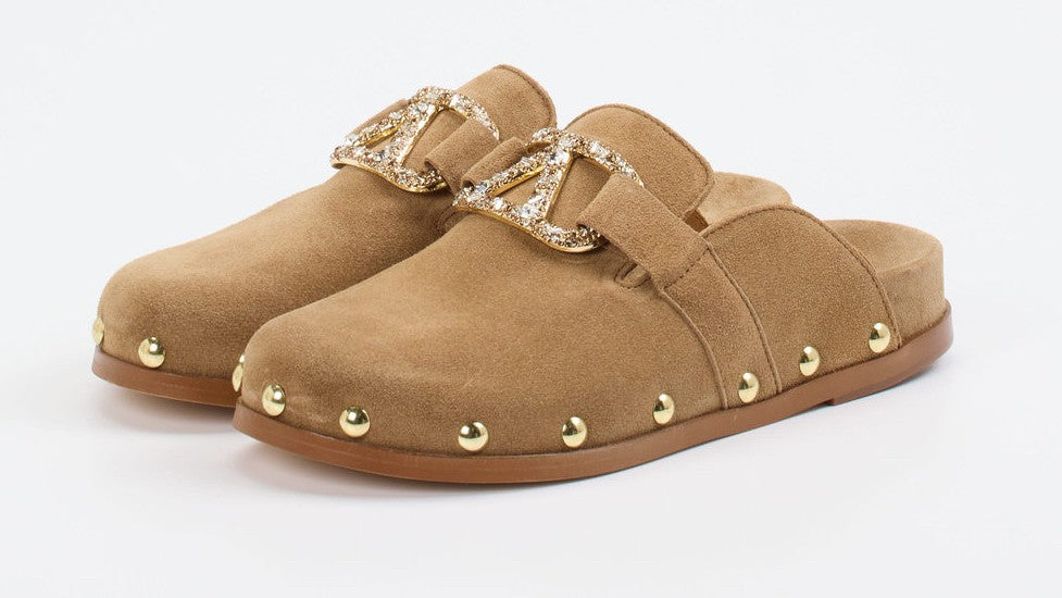 Clogs in beige Velour mit Glitzer Spange