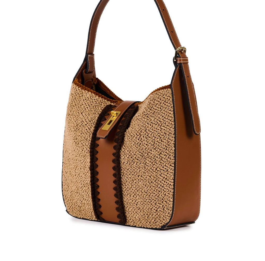 Tasche aus Leder Bouclé Wolle in beige u cognac