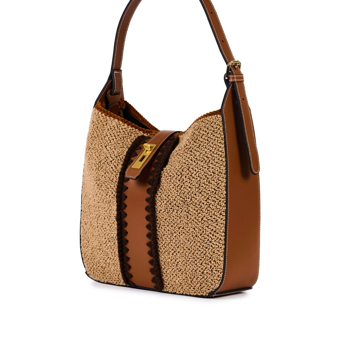 Tasche aus Leder Bouclé Wolle in beige u cognac
